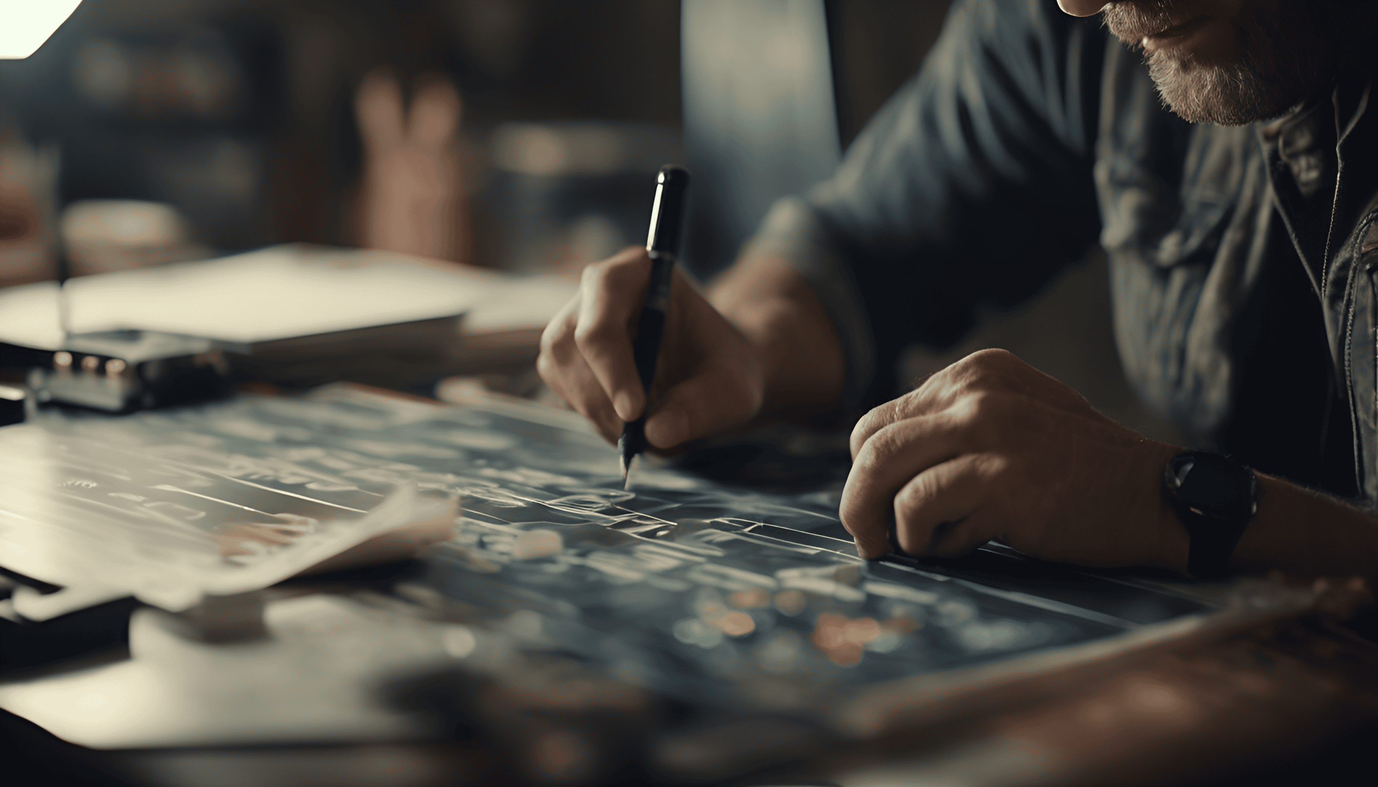 Professional man graphs out marketing information with a pen