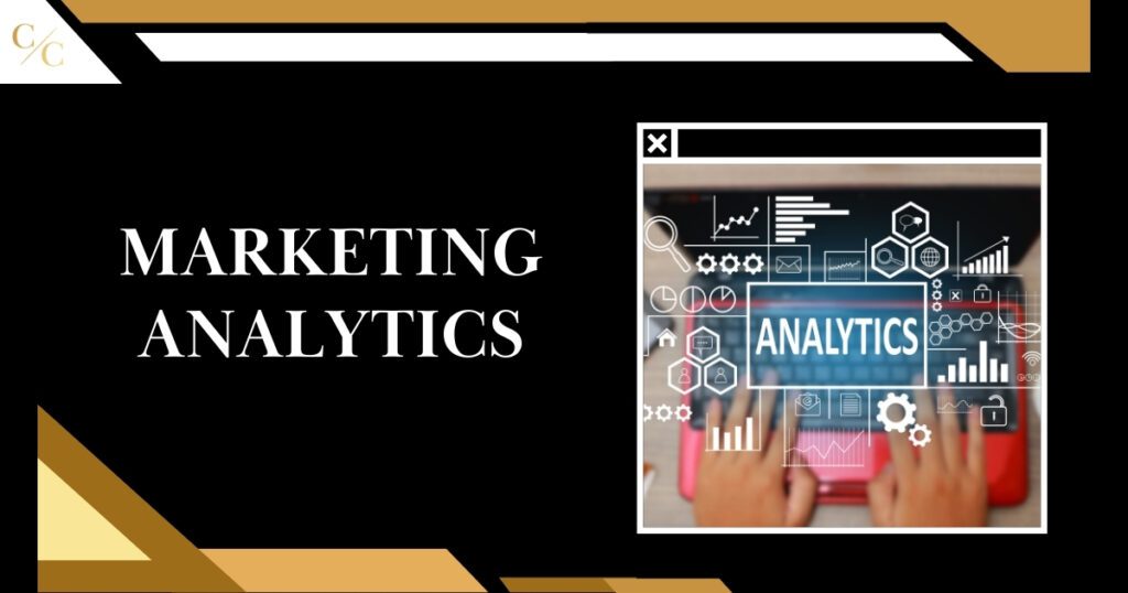 Marketing Analytics: Typing on red laptop in background with white image featuring various shapes overlayed