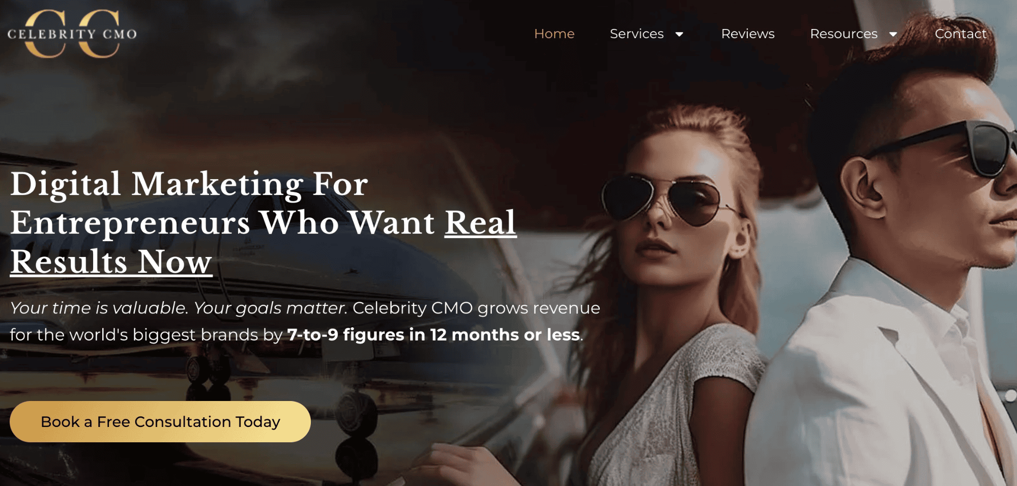 Picture of Celebrity CMO homepage. "We grow revenue for the world's biggest brands by 7-to-9 figures in 12 months or less."