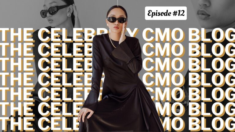 Elegant fashion-forward entrepreneur striking a poised pose in chic sunglasses and a sleek black dress with the phrase The Celebrity CMO Blog behind them. Episode #12