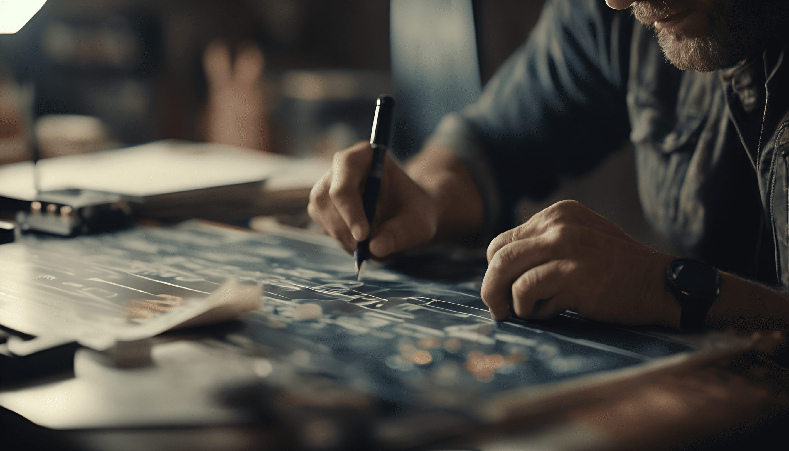 Professional man graphs out marketing information with a pen