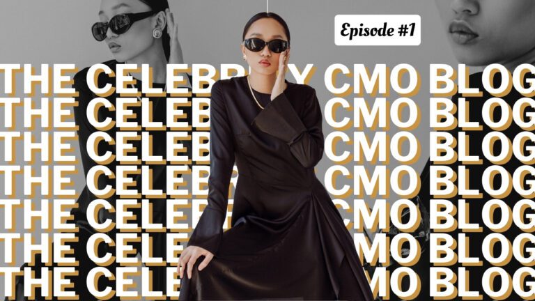 Elegant fashion-forward entrepreneur striking a poised pose in chic sunglasses and a sleek black dress with the phrase The Celebrity CMO Blog behind them. Episode #1