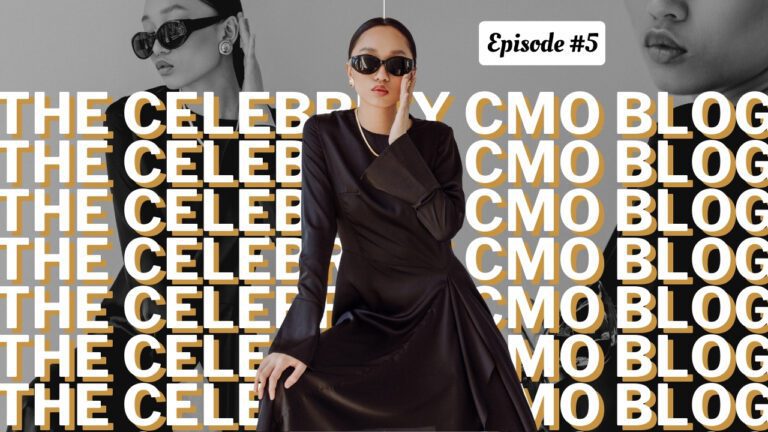 Elegant fashion-forward entrepreneur striking a poised pose in chic sunglasses and a sleek black dress with the phrase The Celebrity CMO Blog behind them. Episode #5