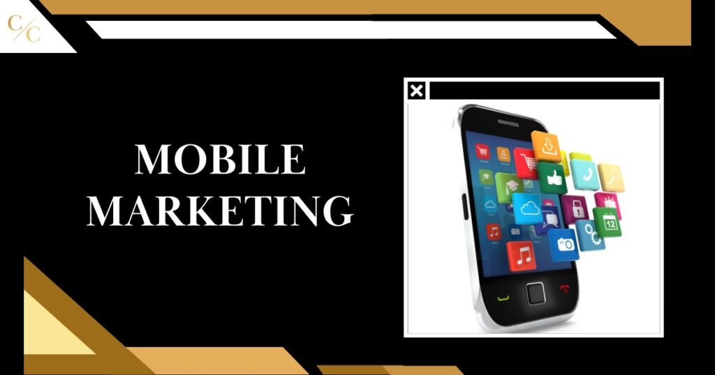 Mobile Marketing: touchscreen phone with app icons rising off screen