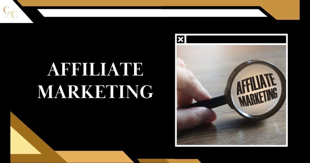 Affiliate Marketing: hand holds small magnifying glass on wood table