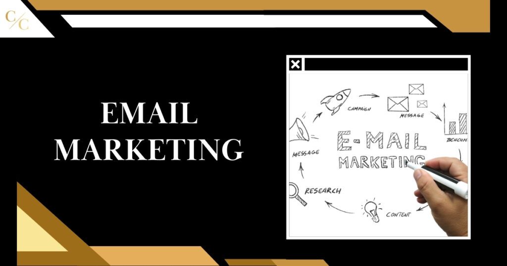 Email Marketing: hand drawing illustration with multiple icons in a circle