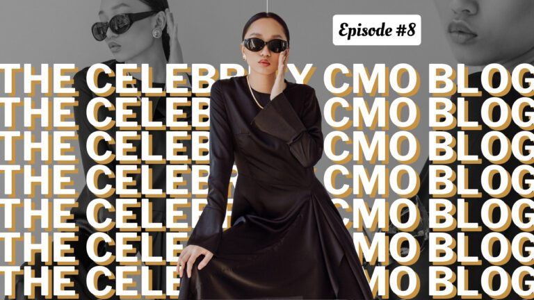 Elegant fashion-forward entrepreneur striking a poised pose in chic sunglasses and a sleek black dress with the phrase The Celebrity CMO Blog behind them. Episode #8