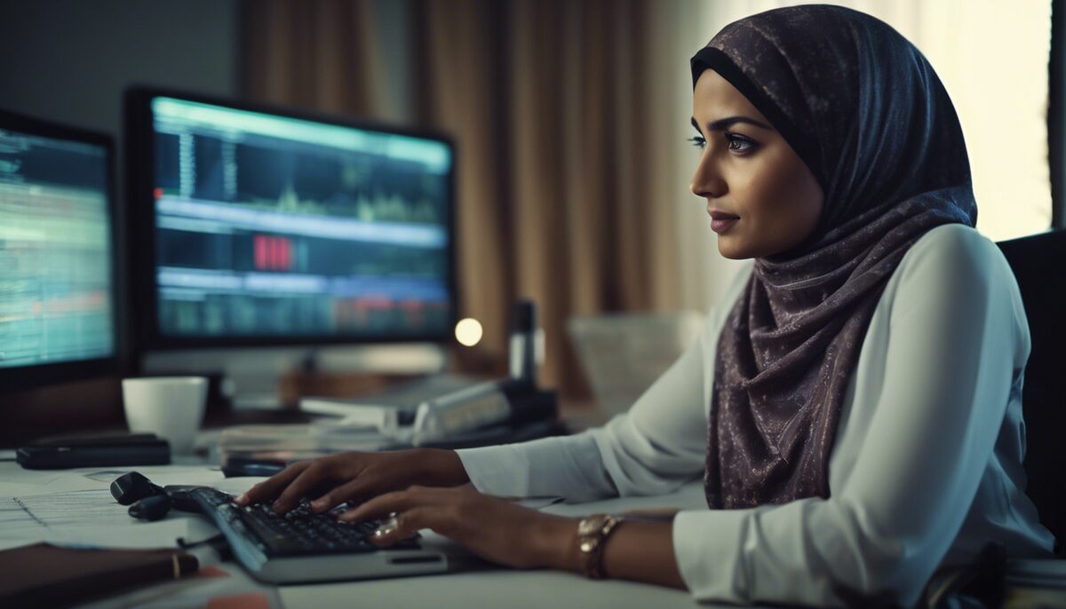 A businesswoman in a hijab analyzing data, showcasing diversity in global marketing