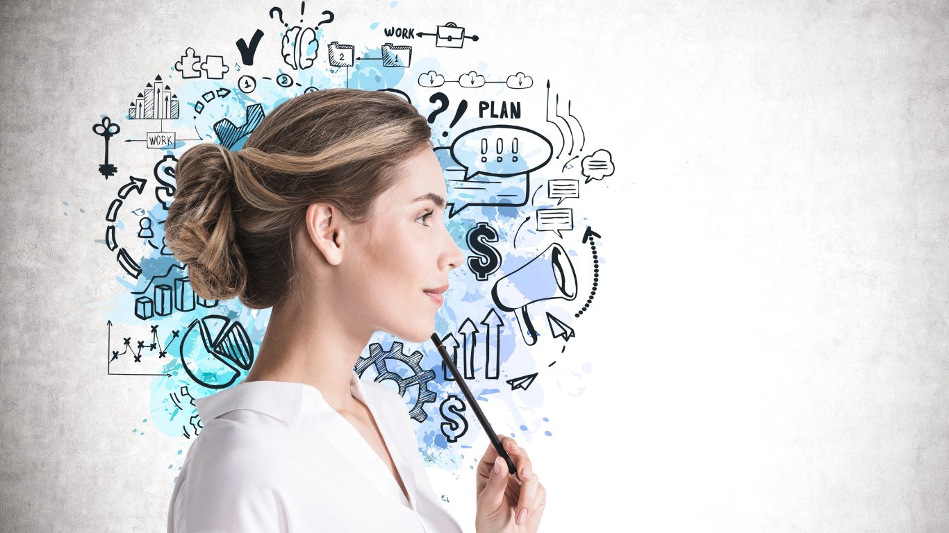 Professional woman in a white blouse thinking about digital marketing strategies for entrepreneurs, with a colorful brainstorm doodle including a lightbulb and various business icons to her side.