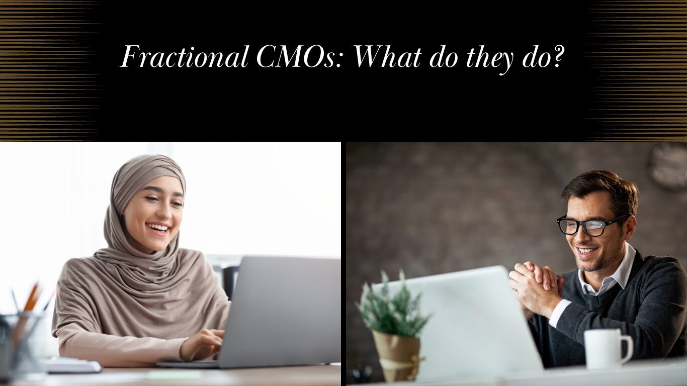 Two people smiling at their computer. Fractional CMO: "what do they do?"