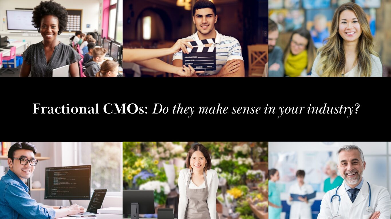 6 pictures of smiling people. Fractional CMO: "do they make sense in your industry?"